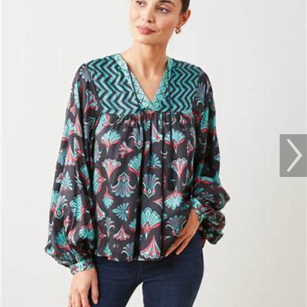 Printfresh Blue and Green Embellished Blouse with Bib Collar